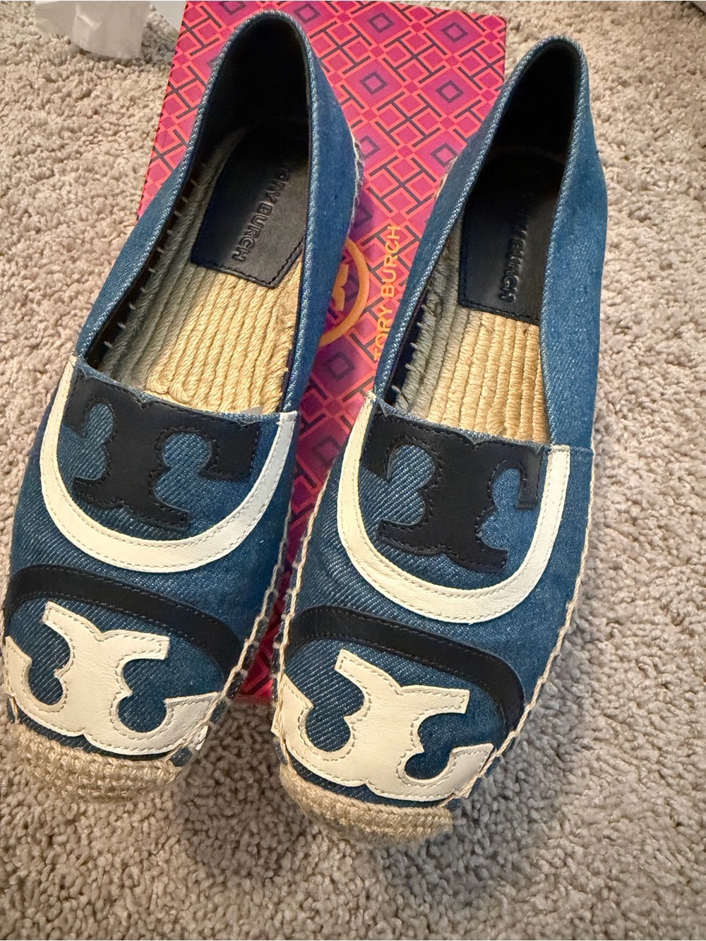 Tory Burch Denim Blue Espadrille Flats with White & Black Accents